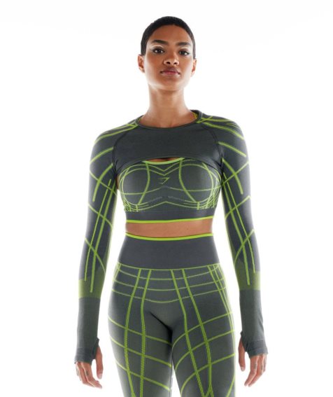 Women's Gymshark Wtflex Linear Seamless Long Sleeve Shrug Sweatshirts Green | NZ 2RSJCH